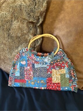 Patchwork Quilted Tote Bag with Wooden Handles
